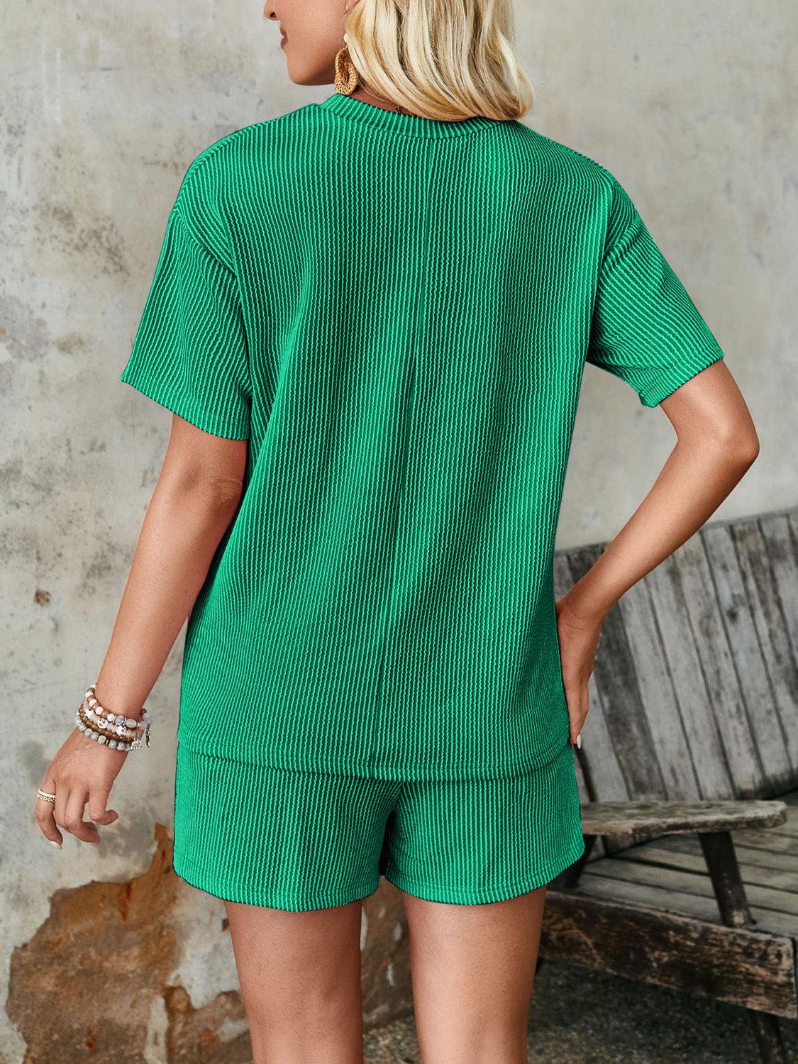 Lovelet Textured Round Neck Short Sleeve Top and Shorts Set