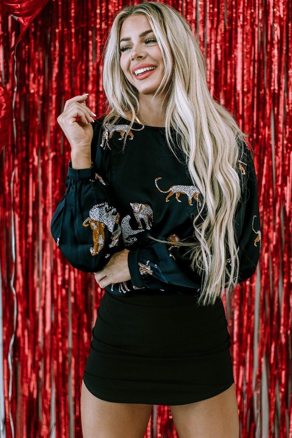 Animal Pattern Round Neck Long Sleeve Blouse - Admiresty