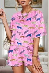 Animal Round Neck Top and Shorts Lounge Set - Admiresty