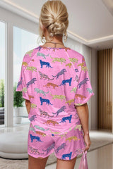 Animal Round Neck Top and Shorts Lounge Set - Admiresty