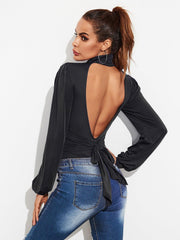 Backless Tie - Waist Turtleneck Lantern Sleeve Bodysuit - Admiresty