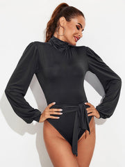 Backless Tie - Waist Turtleneck Lantern Sleeve Bodysuit - Admiresty