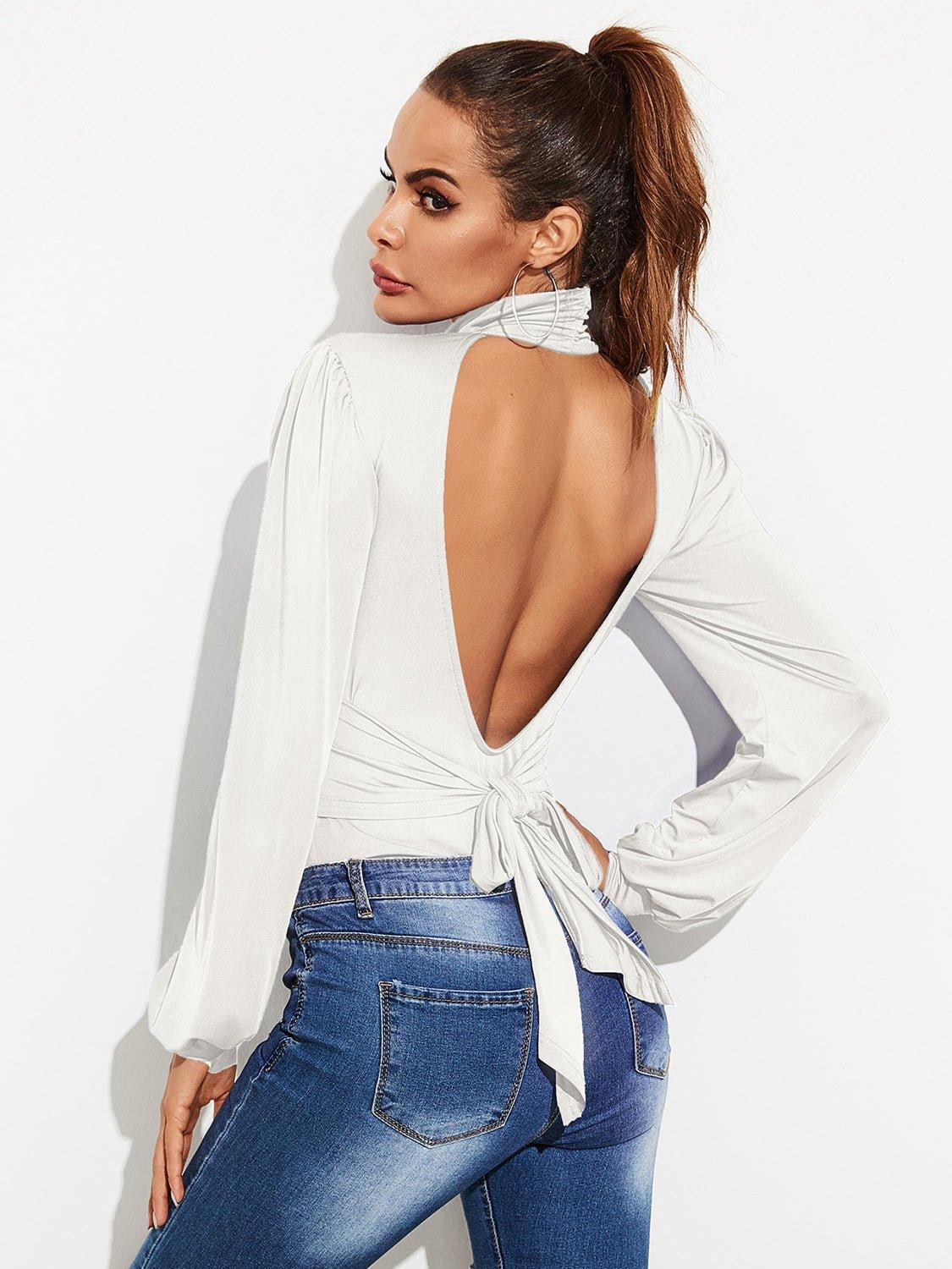 Backless Tie - Waist Turtleneck Lantern Sleeve Bodysuit - Admiresty