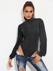 Backless Tie - Waist Turtleneck Lantern Sleeve Bodysuit - Admiresty