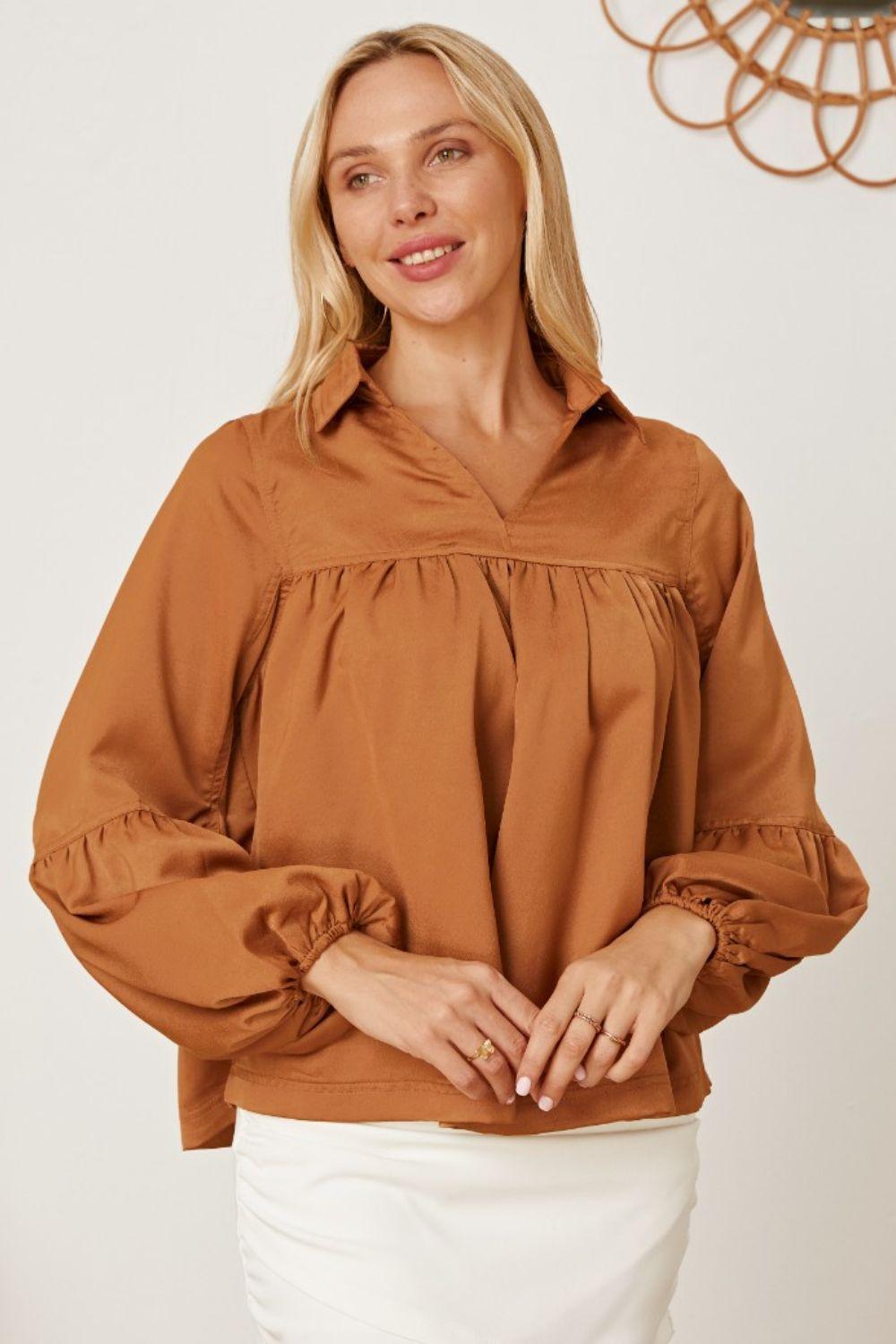 Balloon Sleeve Collared Neck Blouse - Admiresty