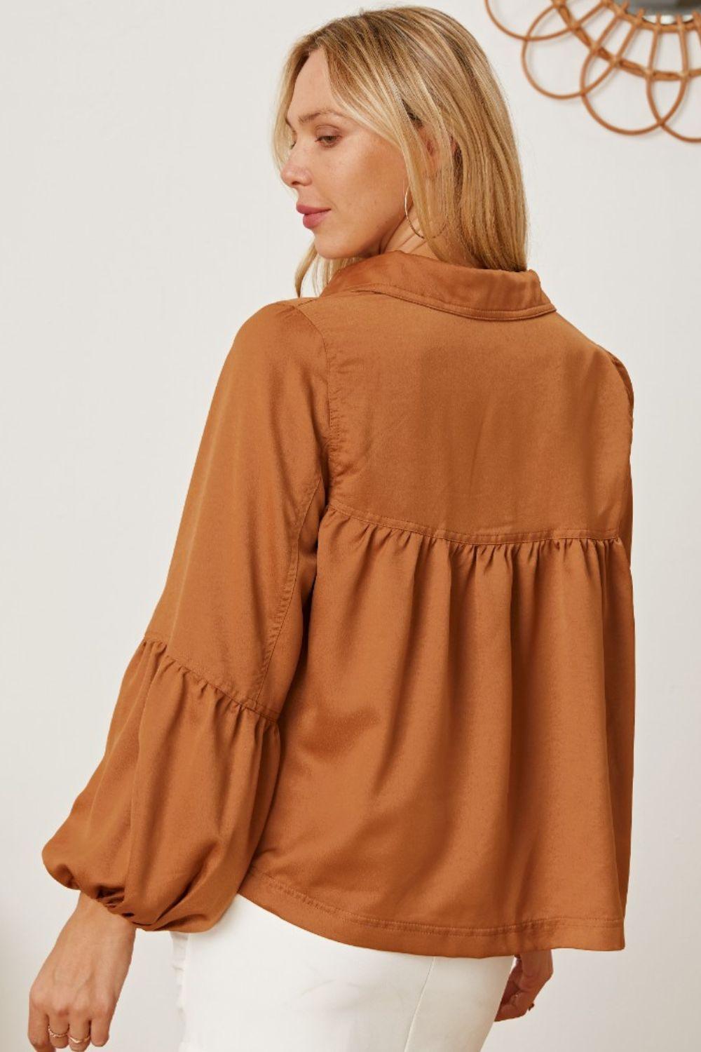 Balloon Sleeve Collared Neck Blouse - Admiresty