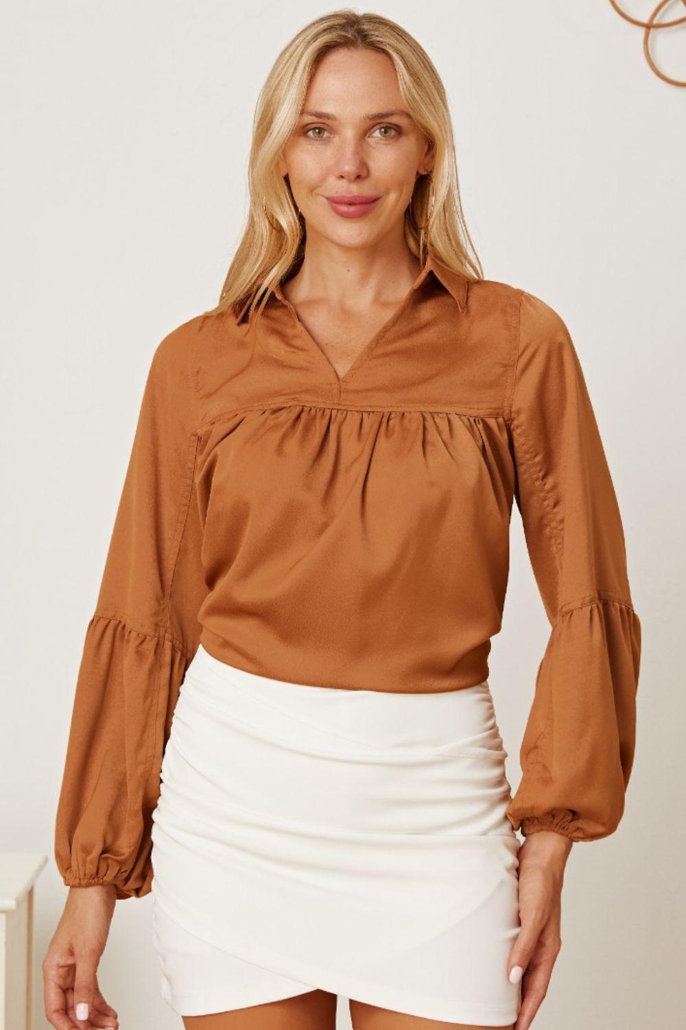 Balloon Sleeve Collared Neck Blouse - Admiresty