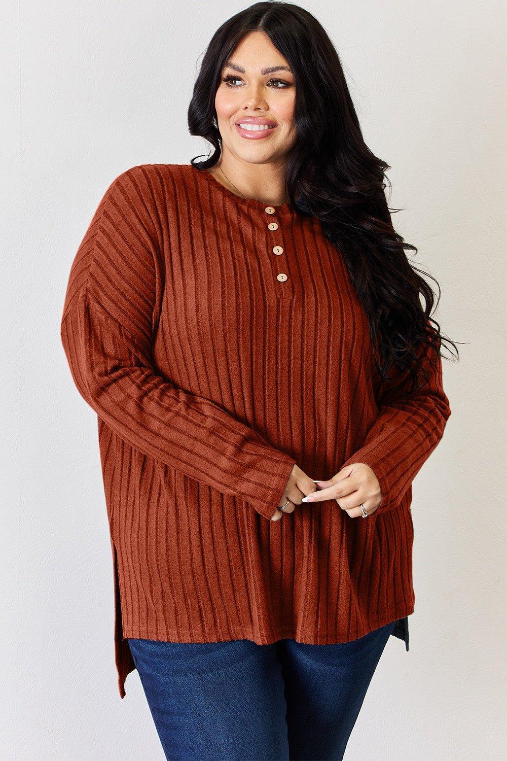 Basic Bae Full Size Ribbed Half Button Long Sleeve High - Low T - Shirt - Admiresty