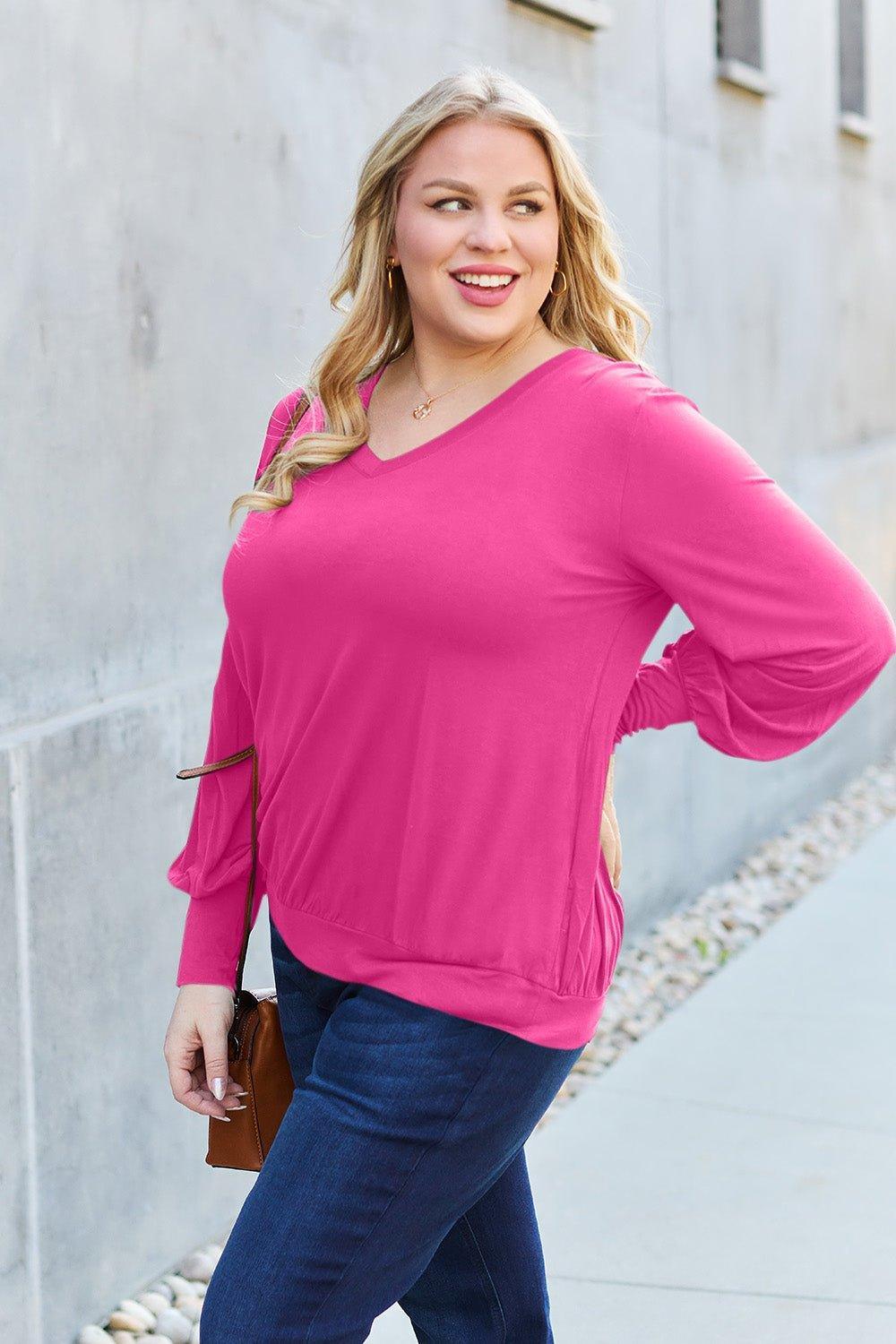 Basic Bae Full Size V - Neck Lantern Sleeve Blouse - Admiresty
