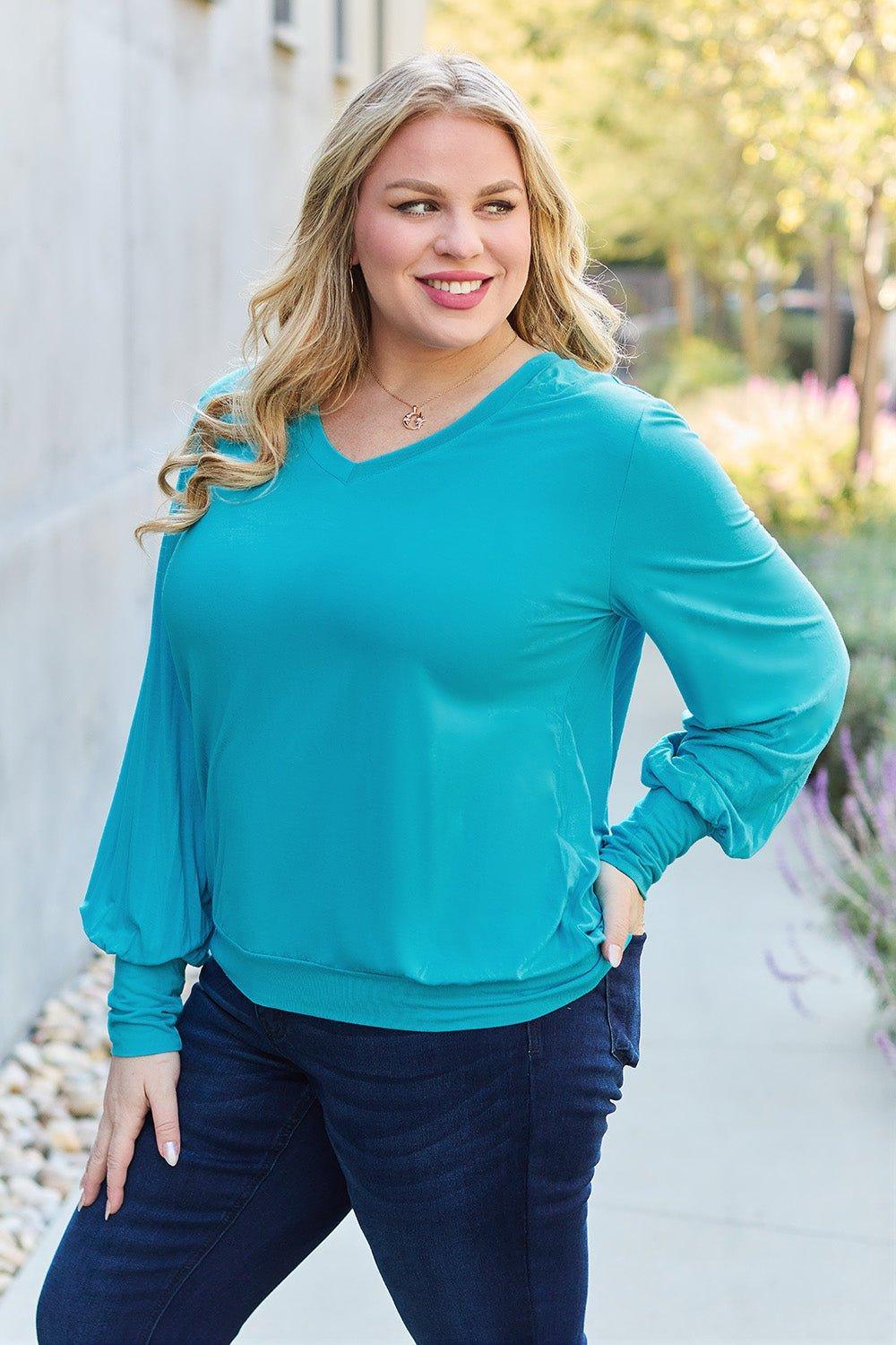 Basic Bae Full Size V - Neck Lantern Sleeve Blouse - Admiresty