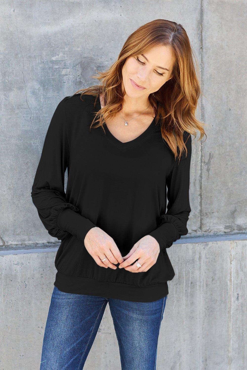 Basic Bae Full Size V - Neck Lantern Sleeve Blouse - Admiresty