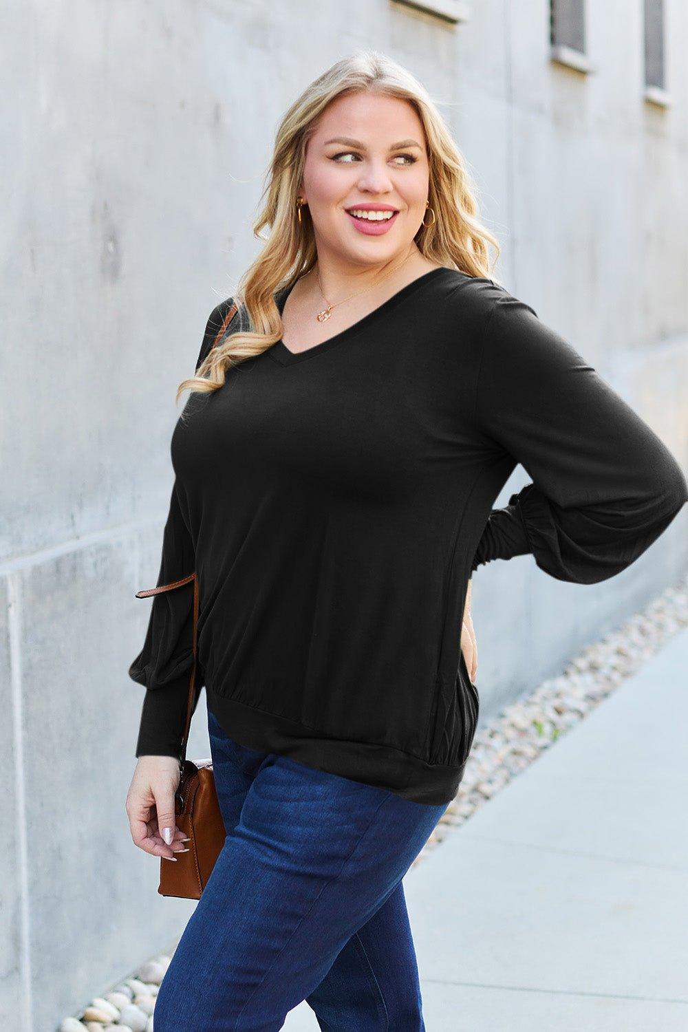 Basic Bae Full Size V - Neck Lantern Sleeve Blouse - Admiresty