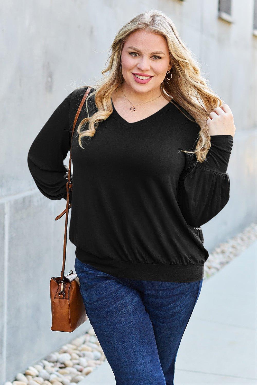 Basic Bae Full Size V - Neck Lantern Sleeve Blouse - Admiresty