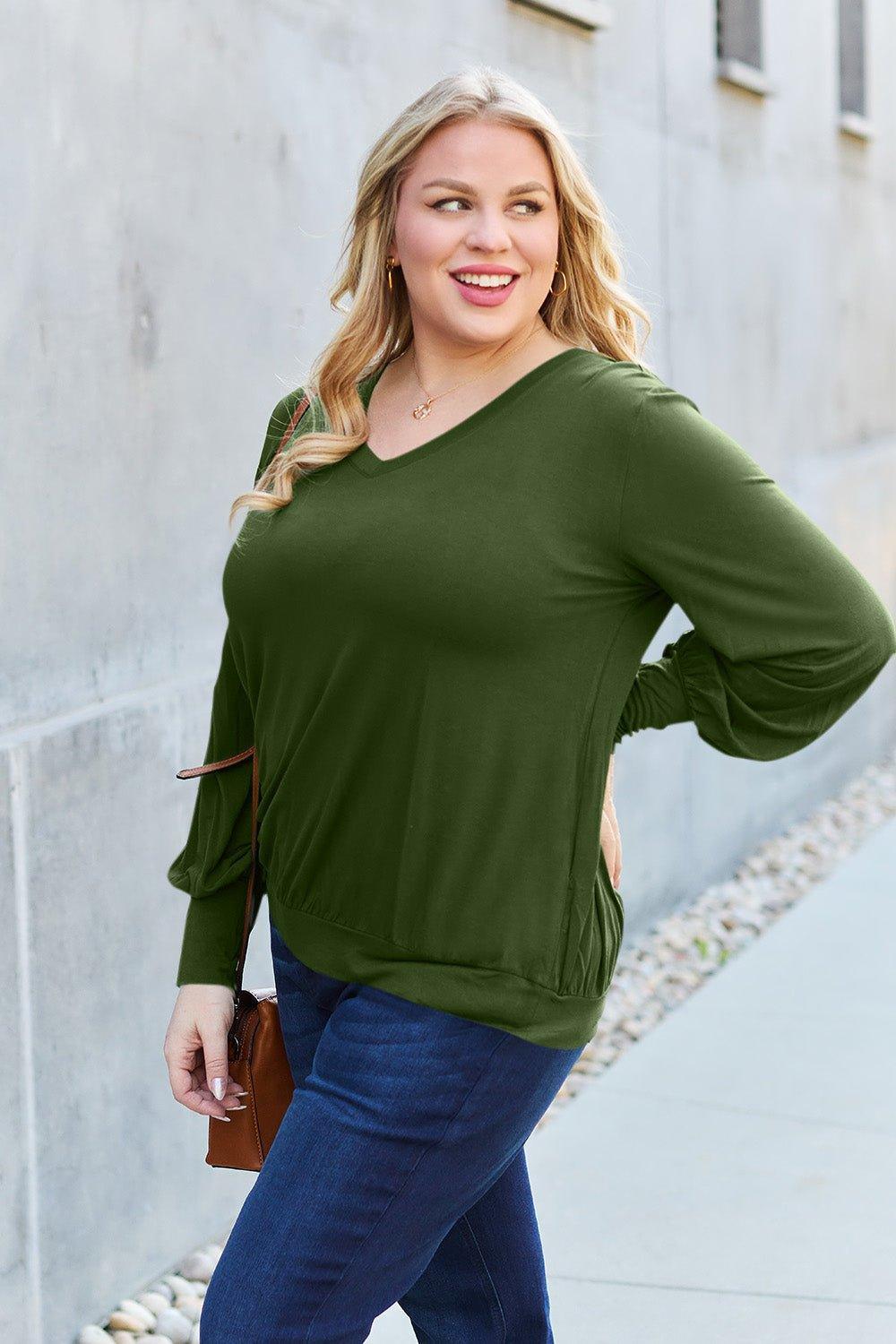 Basic Bae Full Size V - Neck Lantern Sleeve Blouse - Admiresty