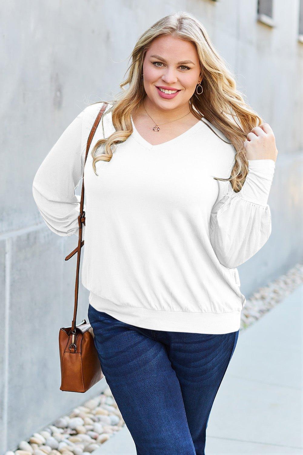 Basic Bae Full Size V - Neck Lantern Sleeve Blouse - Admiresty