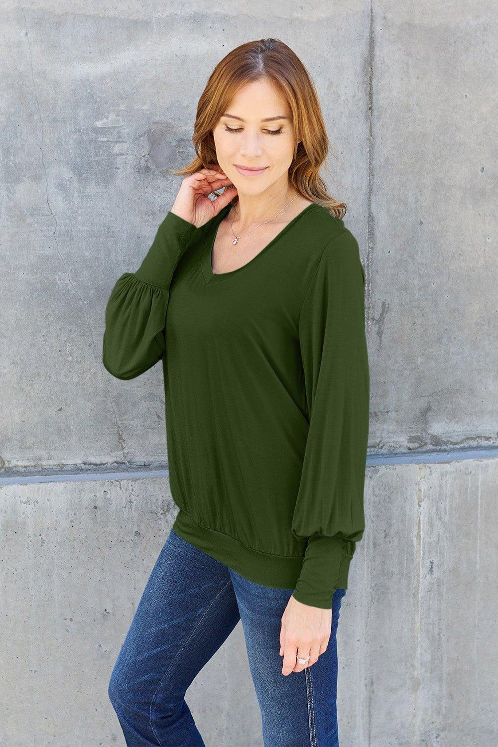 Basic Bae Full Size V - Neck Lantern Sleeve Blouse - Admiresty