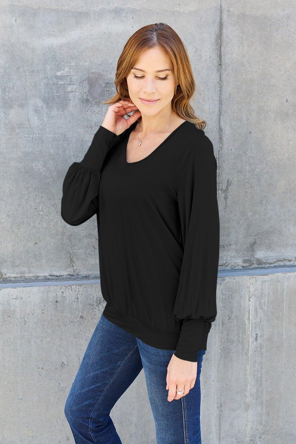 Basic Bae Full Size V - Neck Lantern Sleeve Blouse - Admiresty