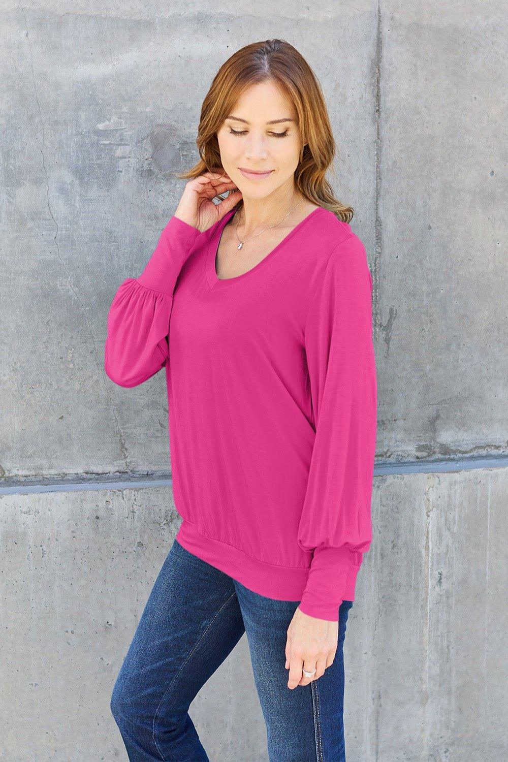 Basic Bae Full Size V - Neck Lantern Sleeve Blouse - Admiresty
