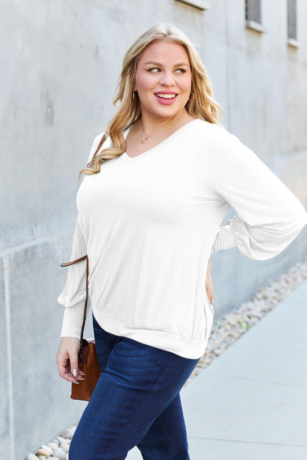 Basic Bae Full Size V - Neck Lantern Sleeve Blouse - Admiresty