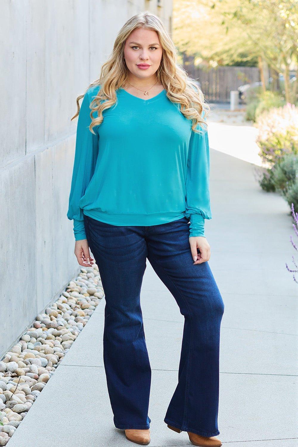 Basic Bae Full Size V - Neck Lantern Sleeve Blouse - Admiresty