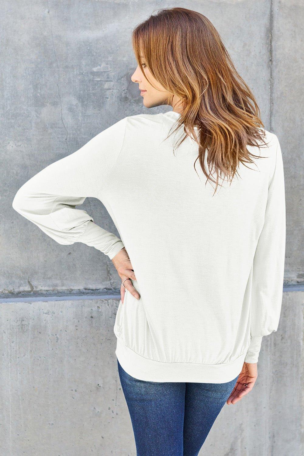 Basic Bae Full Size V - Neck Lantern Sleeve Blouse - Admiresty