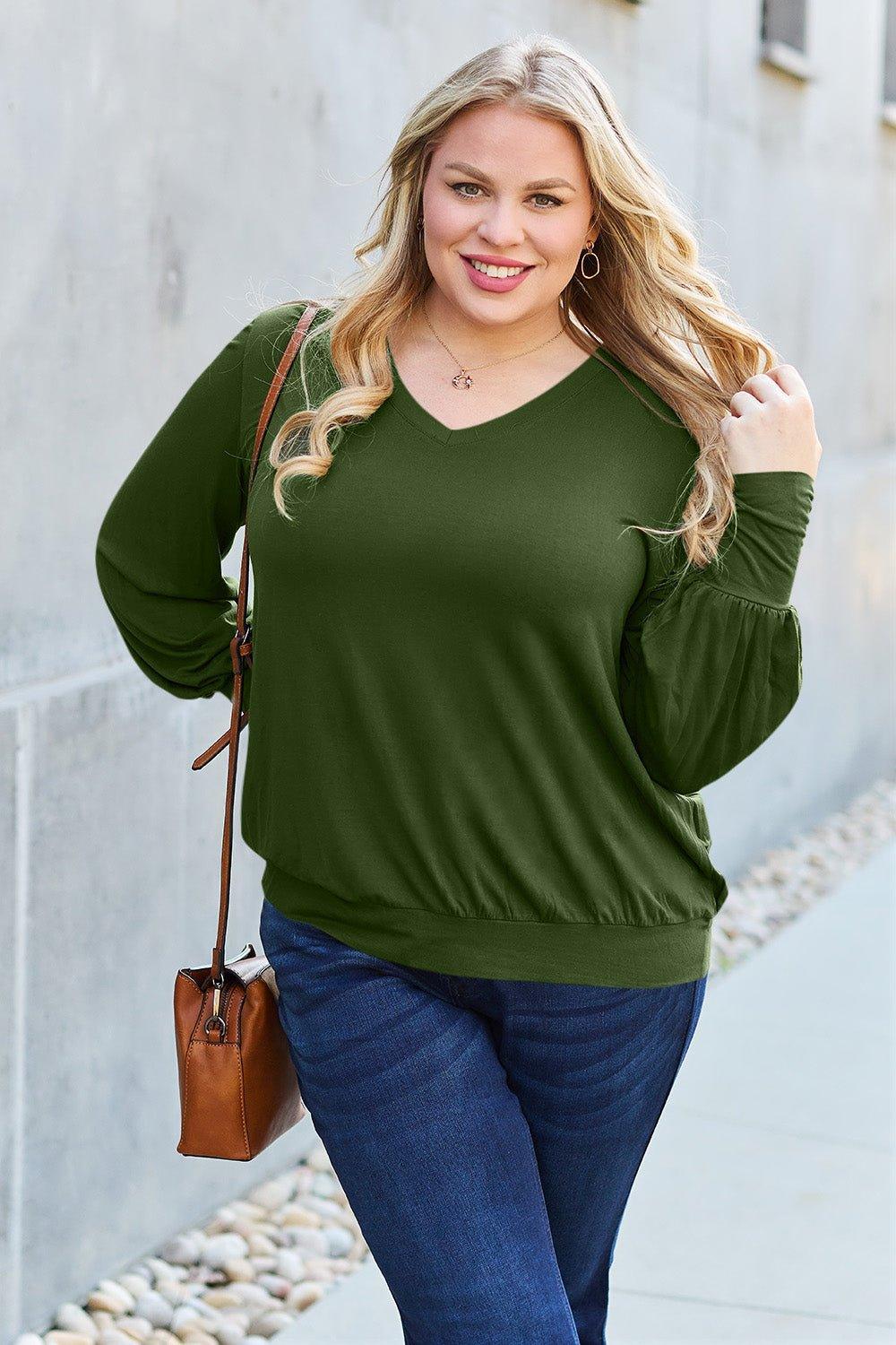 Basic Bae Full Size V - Neck Lantern Sleeve Blouse - Admiresty