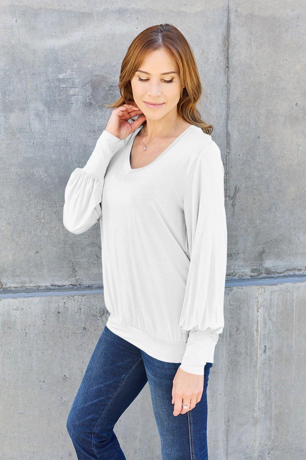 Basic Bae Full Size V - Neck Lantern Sleeve Blouse - Admiresty