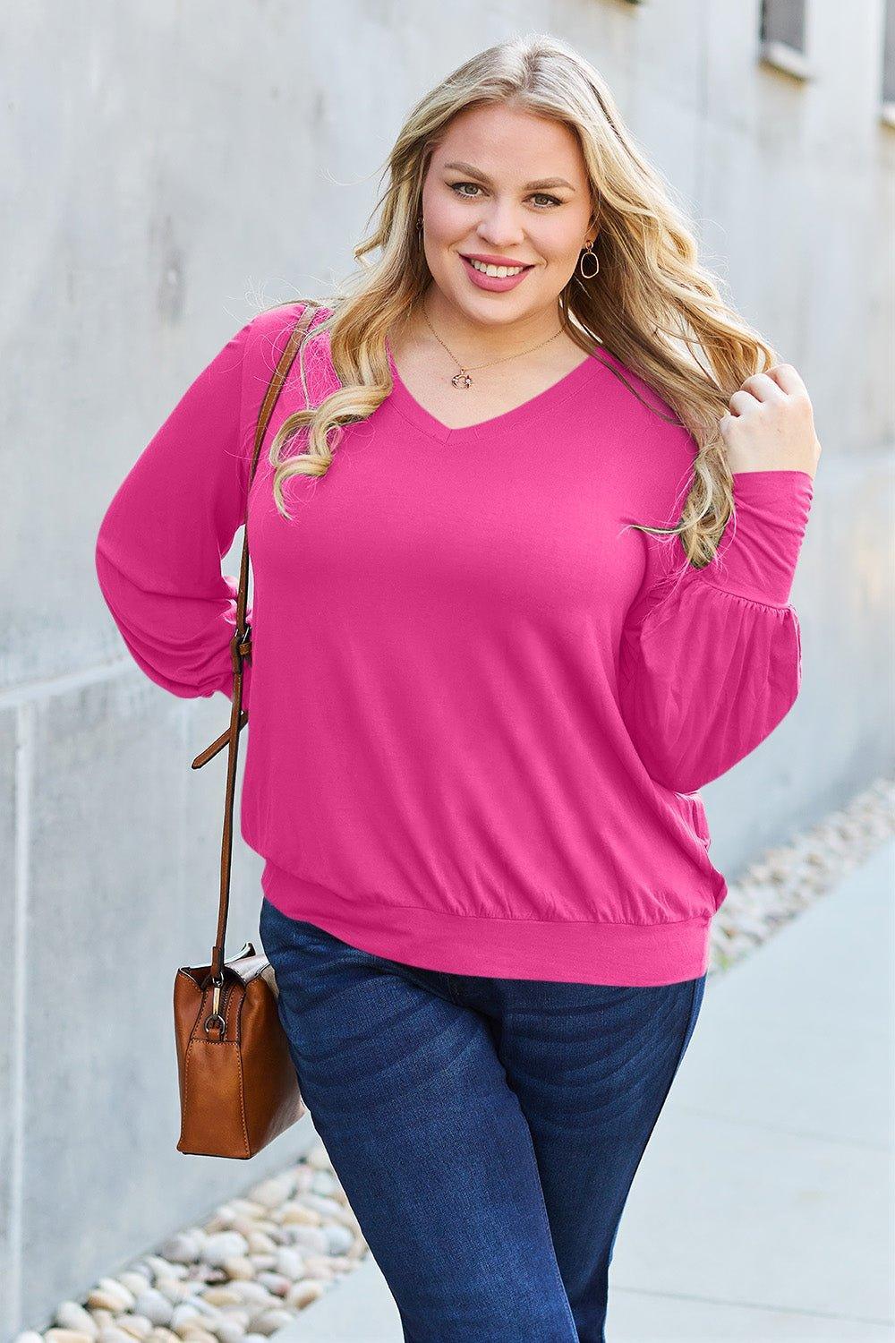 Basic Bae Full Size V - Neck Lantern Sleeve Blouse - Admiresty