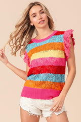 BiBi Pointelle Striped Ruffled Knit Top - Admiresty