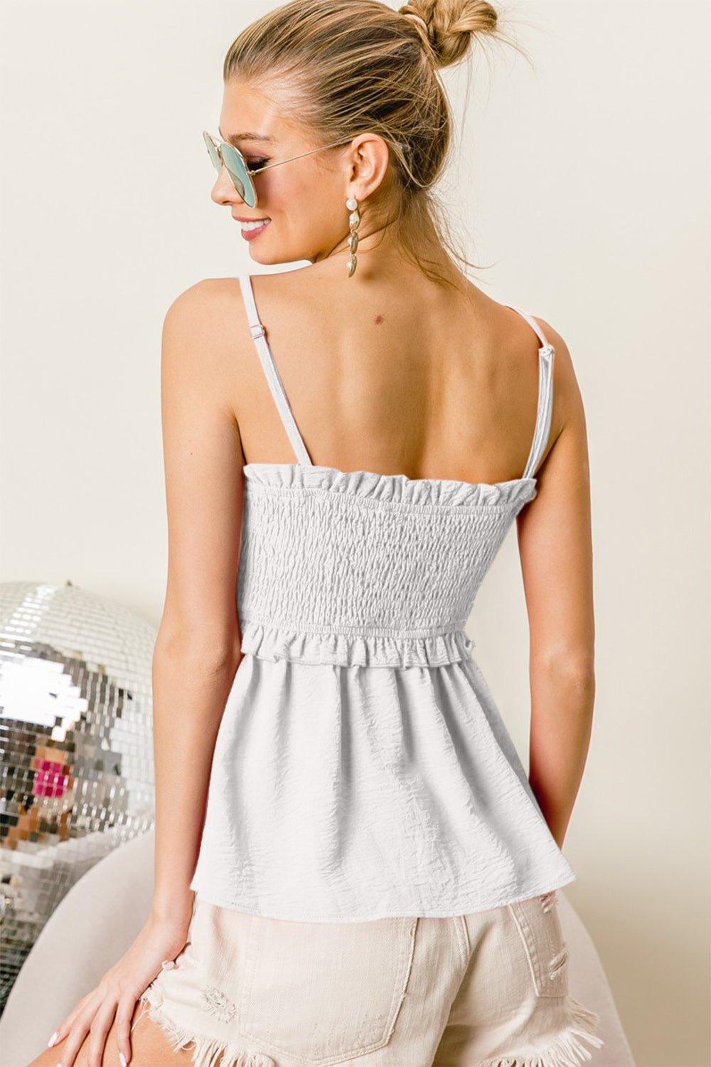 BiBi Ruffle Edge Smocking Babydoll Cami - Admiresty