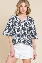 BOMBOM Floral Decorative Button V - Neck Top - Admiresty