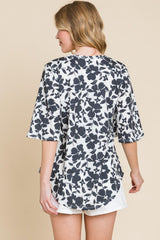BOMBOM Floral Decorative Button V - Neck Top - Admiresty