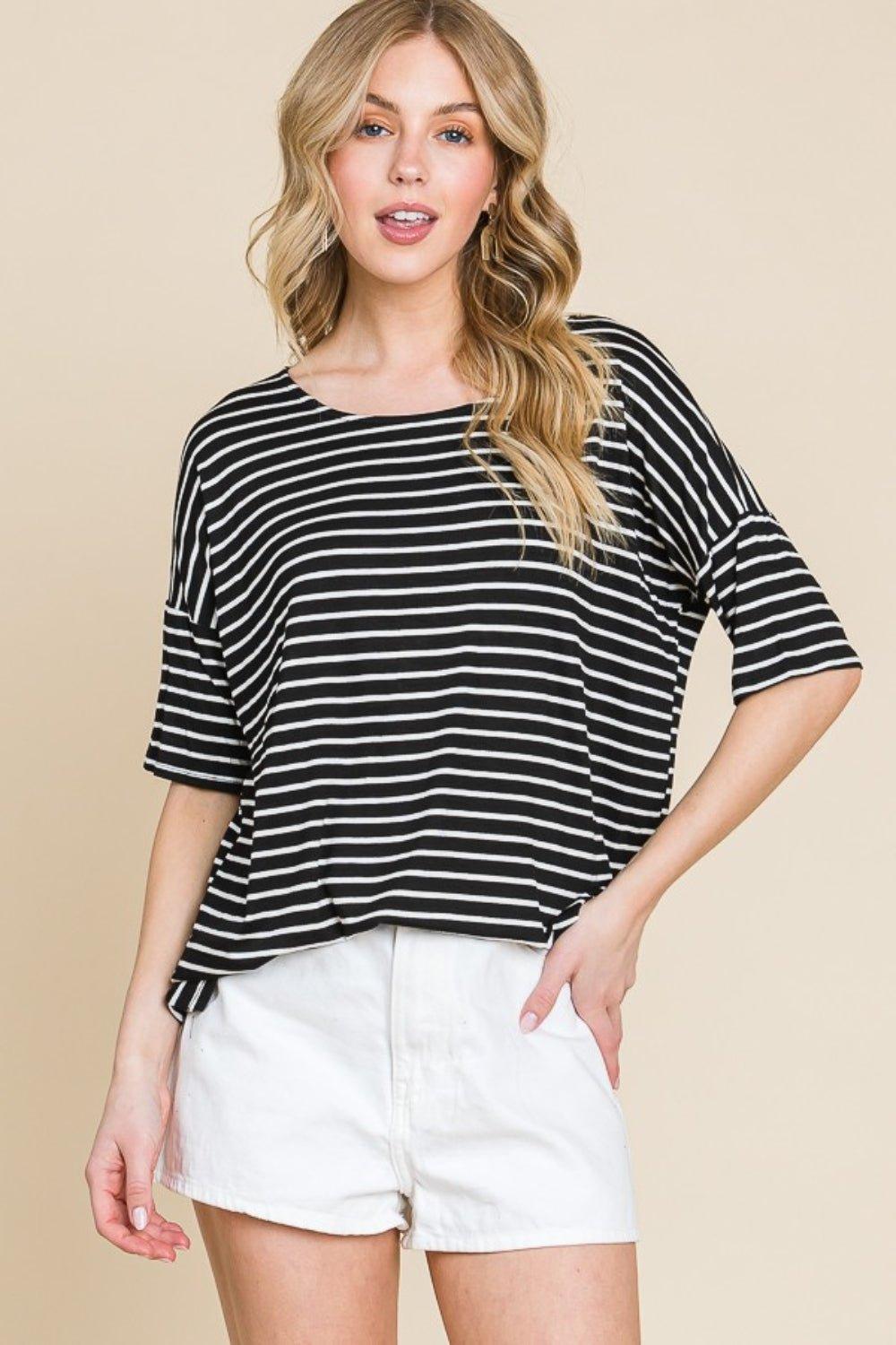BOMBOM Striped Round Neck T - Shirt - Admiresty
