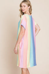 BOMBOM Striped Short Sleeve Dress with Pockets - Admiresty