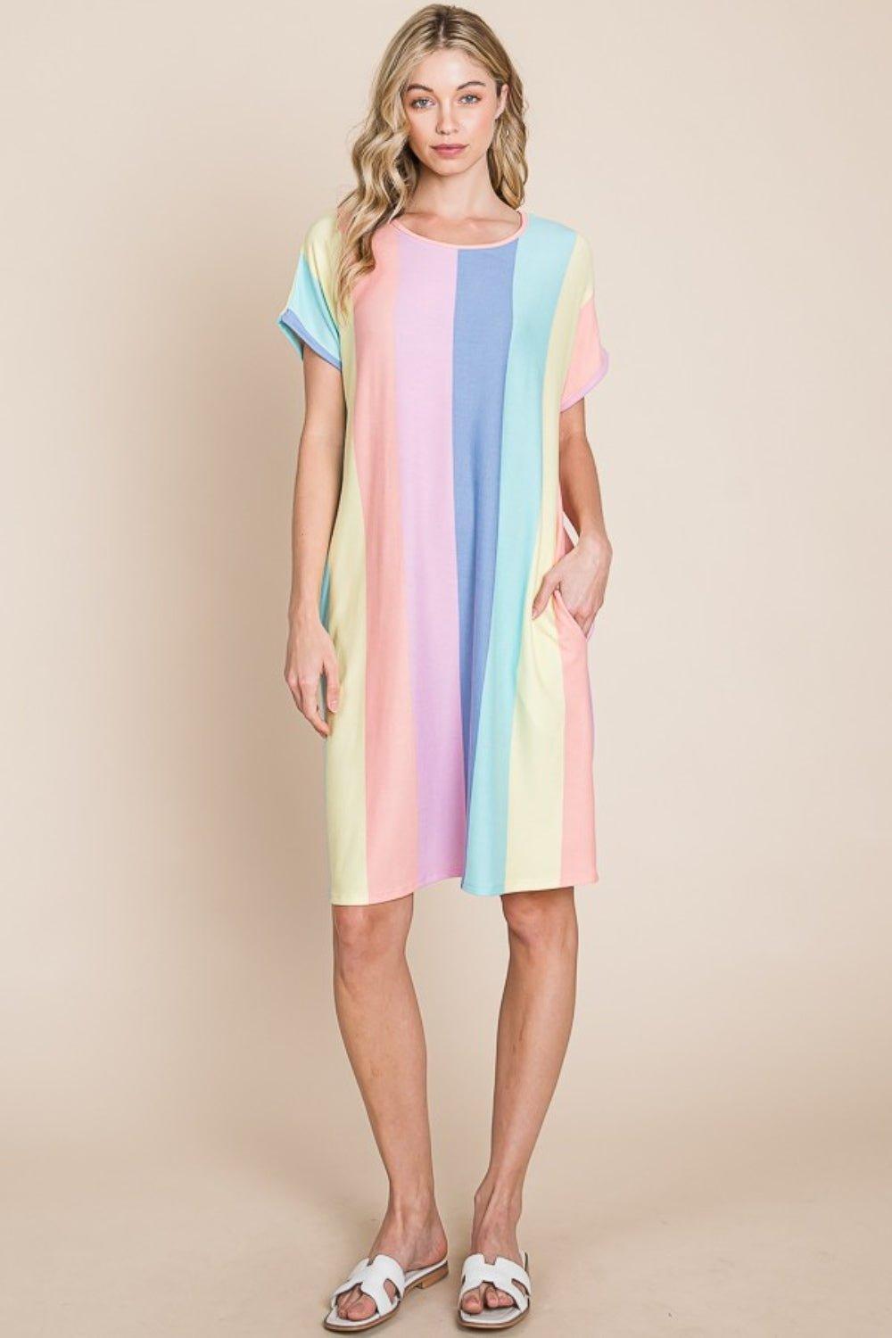 BOMBOM Striped Short Sleeve Dress with Pockets - Admiresty