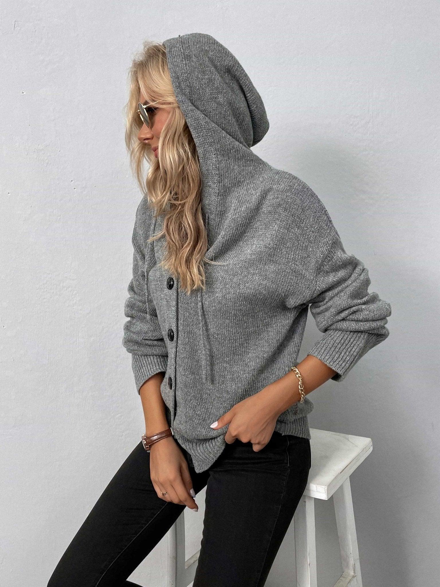 Button - Down Long Sleeve Hooded Sweater - Admiresty