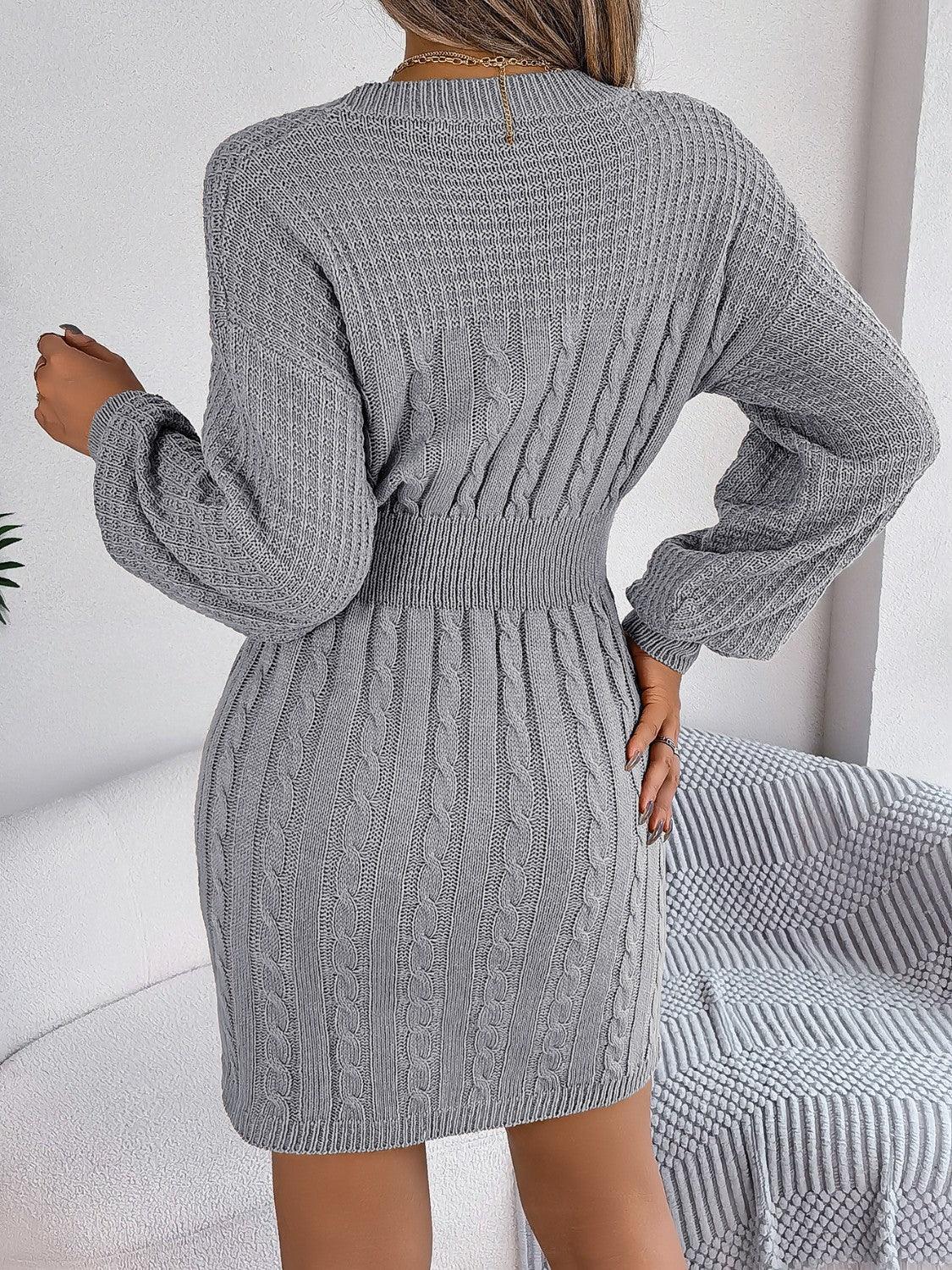 Cable - Knit Cutout Round Neck Slit Sweater Dress - Admiresty