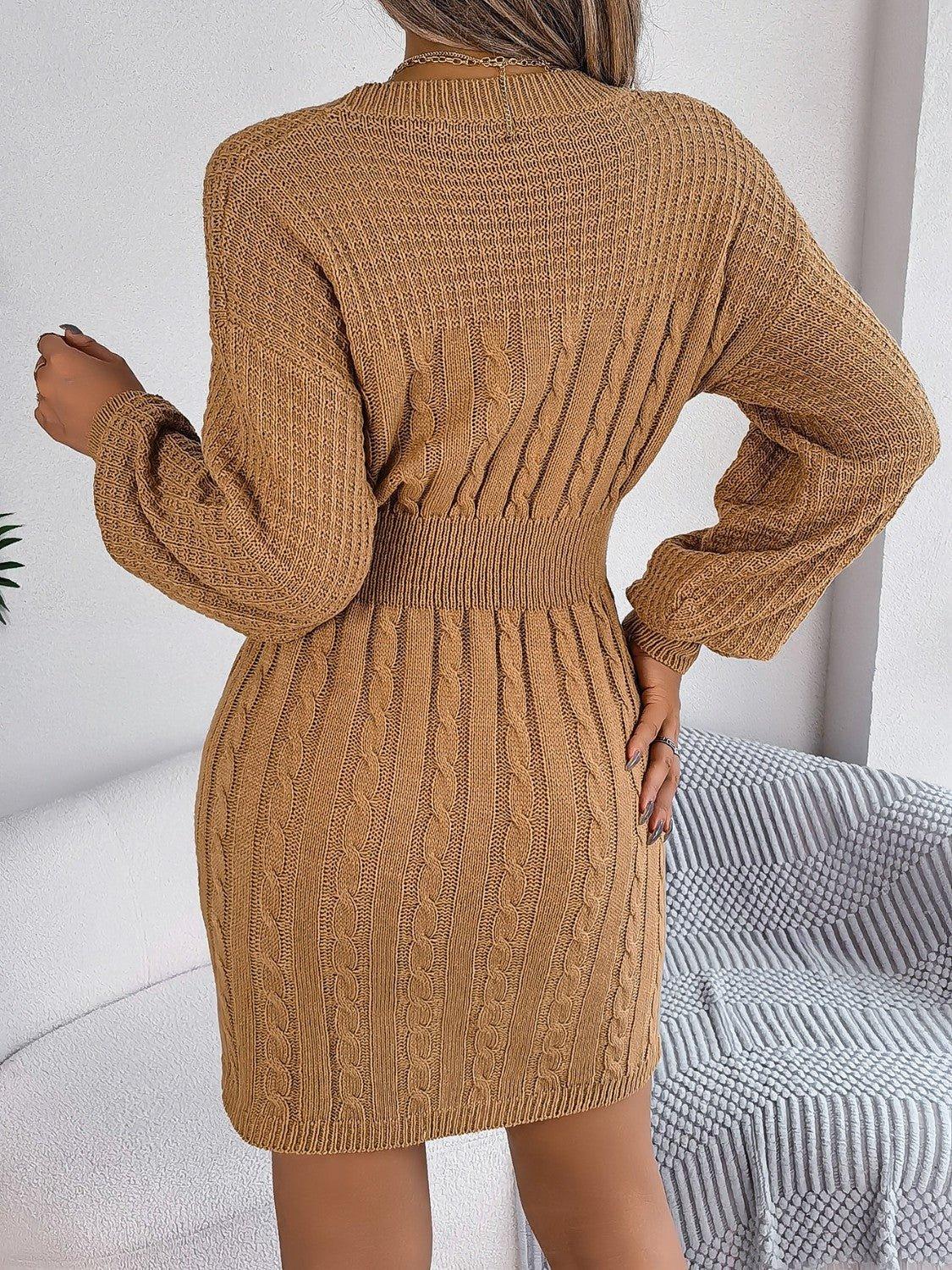 Cable - Knit Cutout Round Neck Slit Sweater Dress - Admiresty