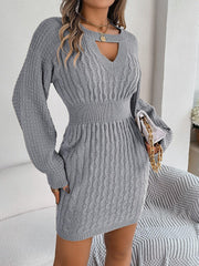 Cable - Knit Cutout Round Neck Slit Sweater Dress - Admiresty