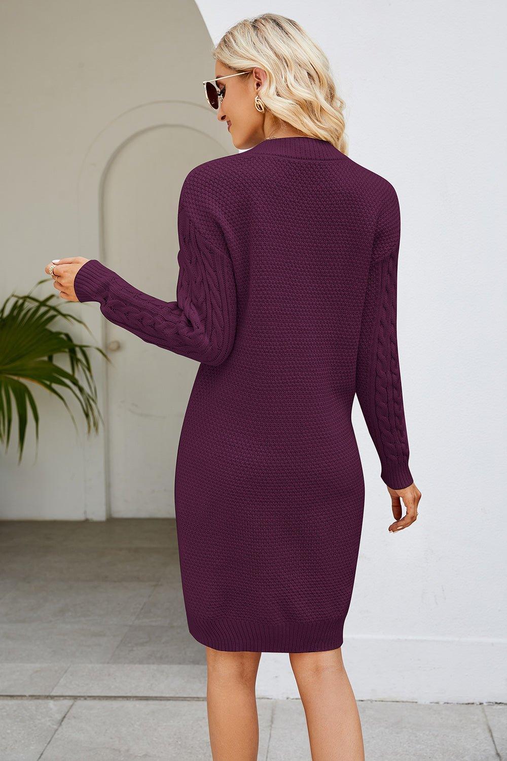Cable - Knit Long Sleeve Sweater Dress - Admiresty