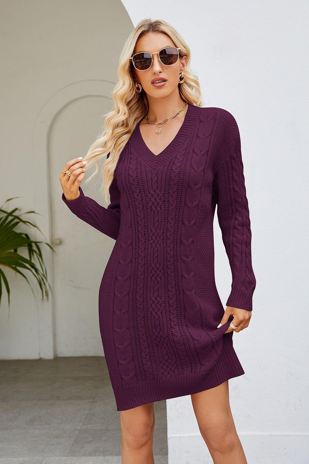 Cable - Knit Long Sleeve Sweater Dress - Admiresty