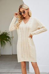 Cable - Knit Long Sleeve Sweater Dress - Admiresty