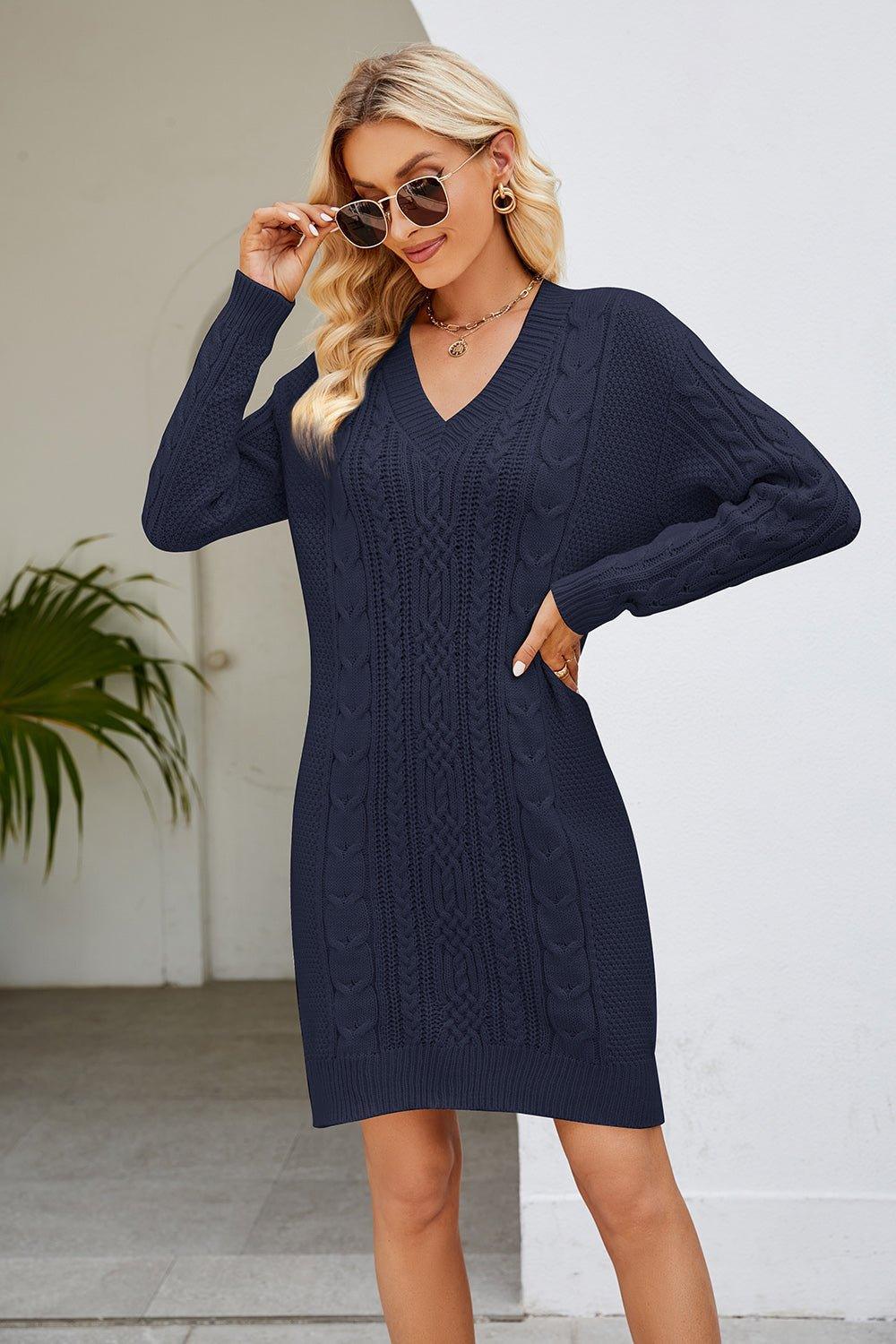 Cable - Knit Long Sleeve Sweater Dress - Admiresty