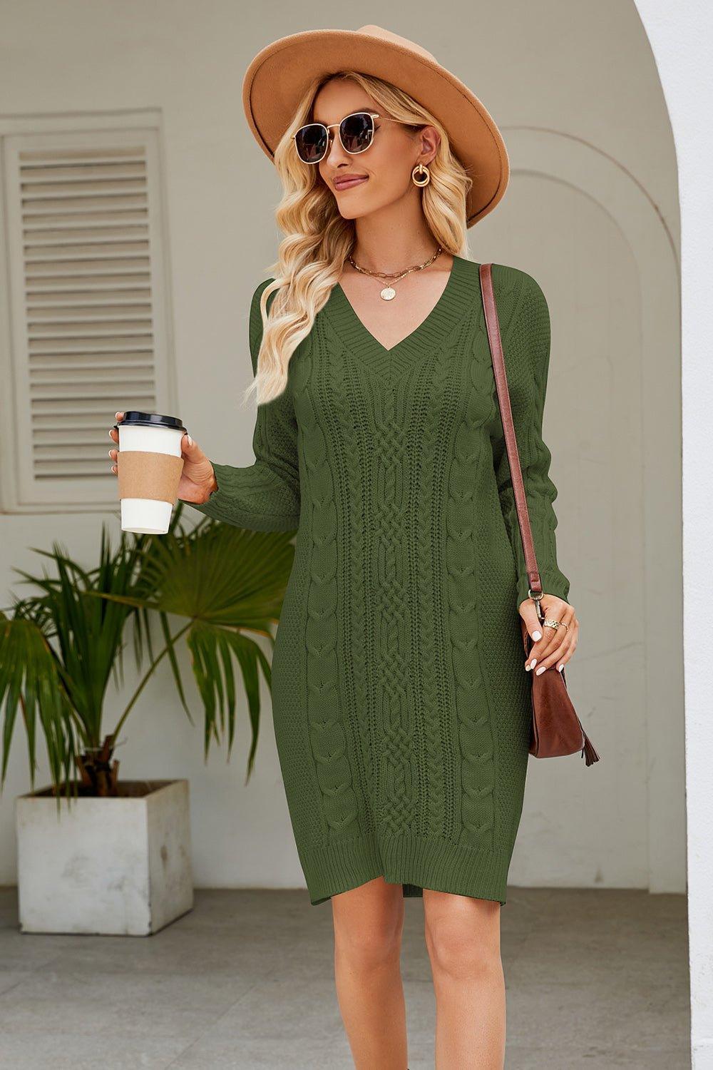 Cable - Knit Long Sleeve Sweater Dress - Admiresty