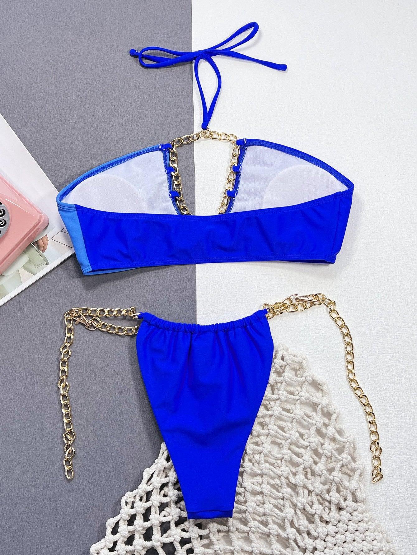 Chain Detail Halter Neck Bikini Set - Admiresty