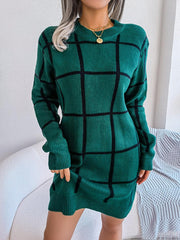 Plaid Round Neck Dropped Shoulder Sweater Dress